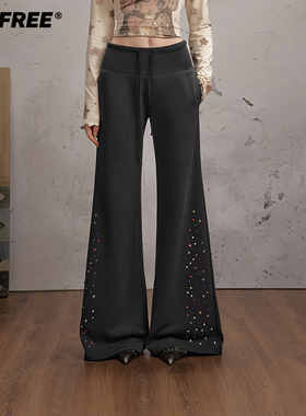 UNIFREE美式烫钻休闲运动微喇裤25年秋流行风格宽松垂感喇叭卫裤