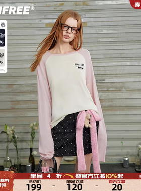 UNIFREE薄款长袖针织衫女新款撞色美式复古插肩袖宽松学院风上衣