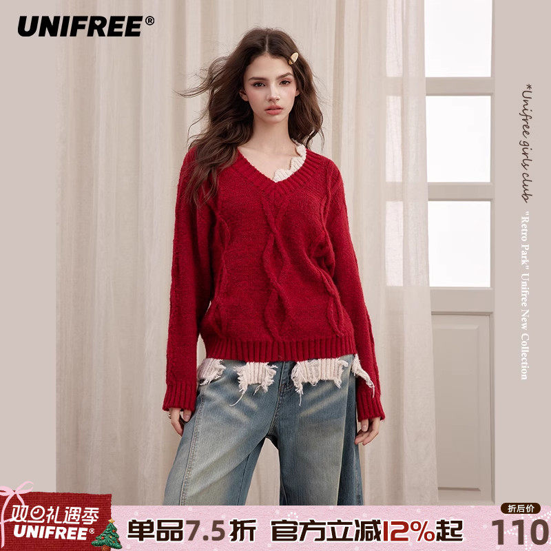 UNIFREE破洞设计感V领毛衣