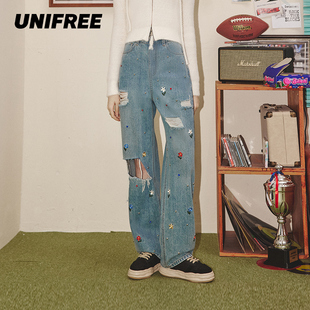 UNIFREE夏季新款百搭牛仔裤女做旧街头感破洞宽松阔腿裤