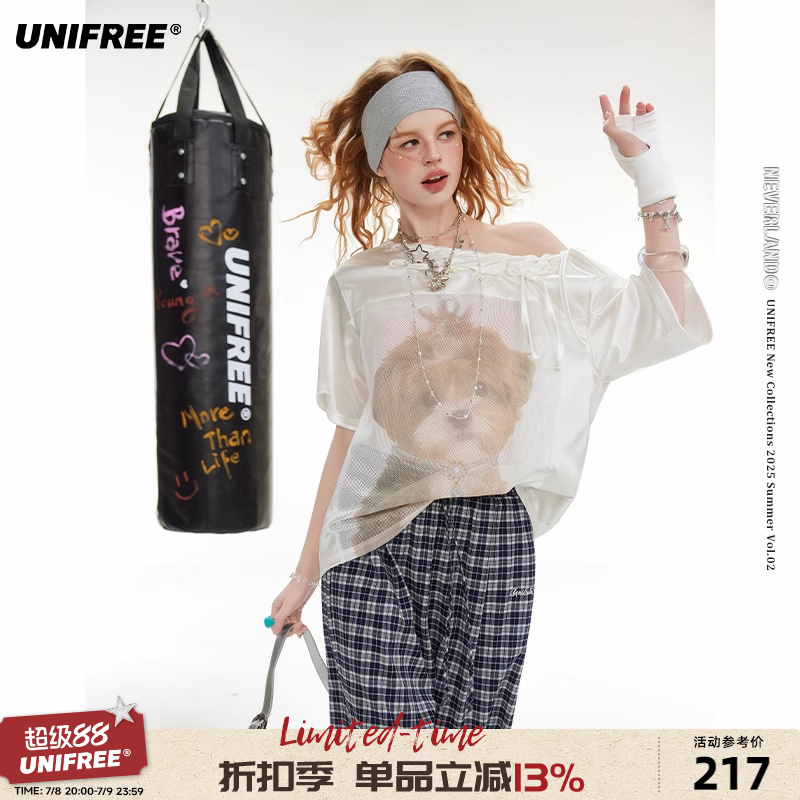 【25年夏】UNIFREE白色网纱斜肩短袖T恤狗狗印花别致宽松百搭上衣
