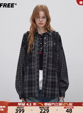 UNIFREE黑色格纹长袖衬衫女哥特复古25秋季新款花边炸街独特上衣