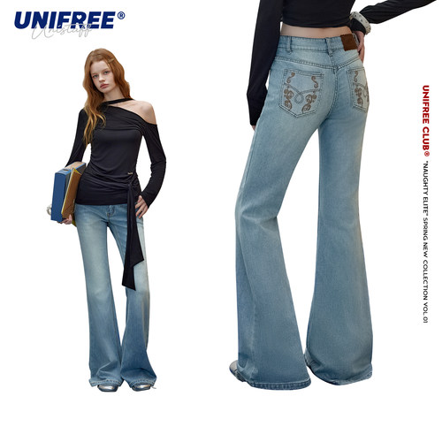 【昕怡粉丝专享】UNIFREE牛仔裤低腰水做旧刺绣裤子U261P017A2A2