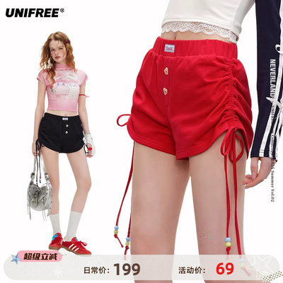 UNIFREE安可拉红休闲短裤新款设计感抽绳褶皱甜辣风百搭包臀热裤
