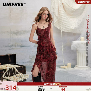 UNIFREE红色豹纹印花连衣裙女修身雪纺不规则荷叶边演唱会吊带裙