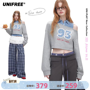 背心叠穿撞色两件套装 式 卫衣25年秋衬衫 UNIFREE灰色斜肩辣妹长袖