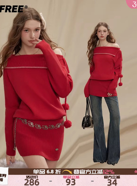 UNIFREE红色斜肩长袖针织连衣裙女翻领北极绒收腰秋冬包臀短裙子
