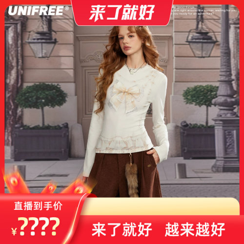 【来了就好】UNIFREE白色复古蝴蝶结印花T恤女U263G701C1G1