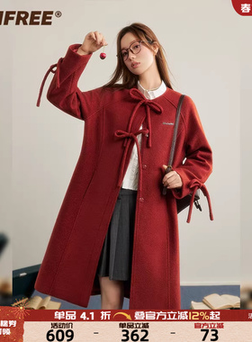 UNIFREE安可拉红毛呢大衣圆领小个子直筒秋冬蝴蝶结绑带休闲外套