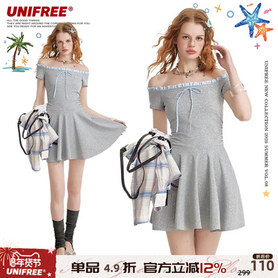 UNIFREE一字肩设计感连衣裙女修身甜美蝴蝶结撞色花边纯欲风短裙
