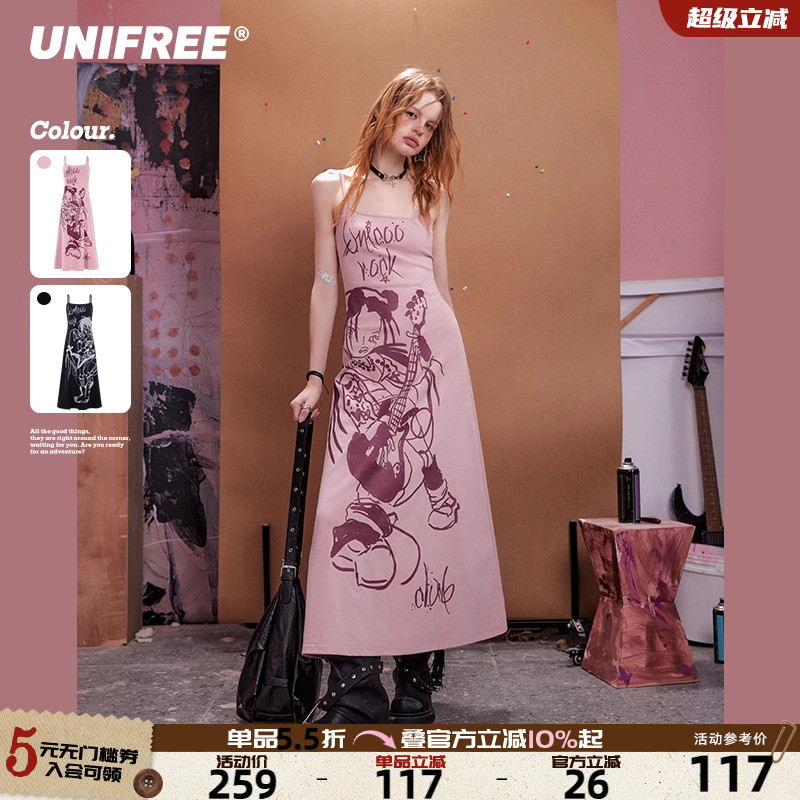 UNIFREE朋克少女吊带裙子个性涂鸦音乐节穿搭收腰A字版长款连衣裙