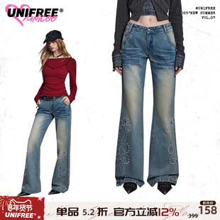 UNIFREE美式低腰烫钻牛仔裤25年秋款复古重工阔腿做旧拖地微喇裤