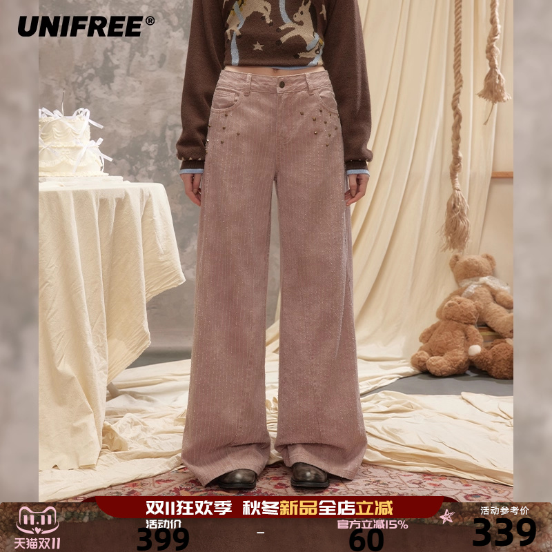 UNIFREE粉色条纹牛仔裤