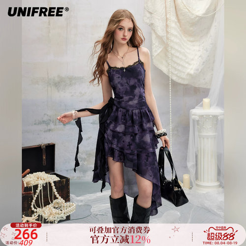 UNIFREE紫色轻亚风雪纺连衣裙