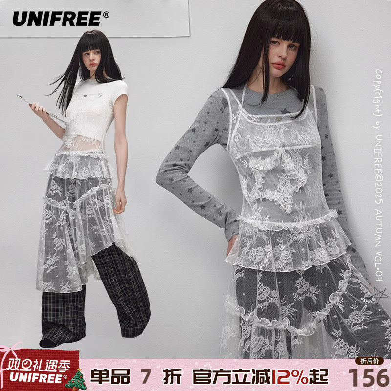 UNIFREE白色短袖连衣裙蕾丝拼接25年秋款性感镂空不规则叠穿裙子