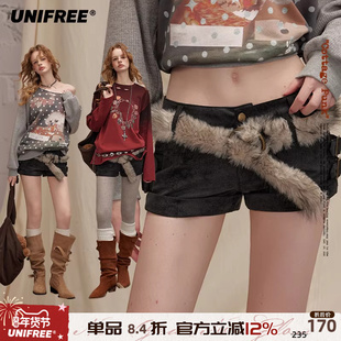 UNIFREE麂皮绒低腰休闲短裤女美式黑色直筒复古卷边个性显瘦裤子