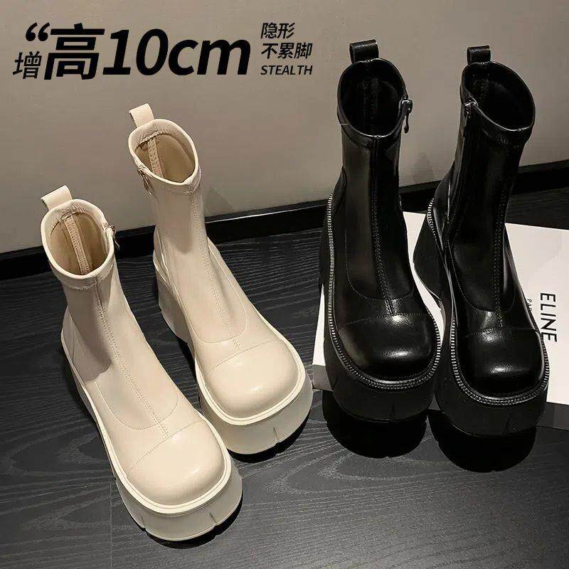 超高跟厚底短靴马丁靴女2026新款白色靴子小个子增高防水台高帮靴