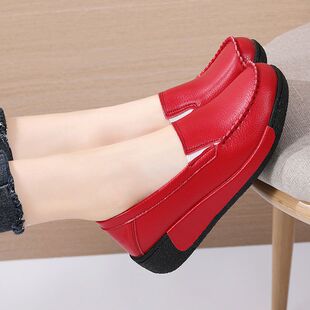 新品女鞋真皮厚底坡跟单鞋松糕鞋女一脚蹬懒人鞋中老年妈妈鞋子