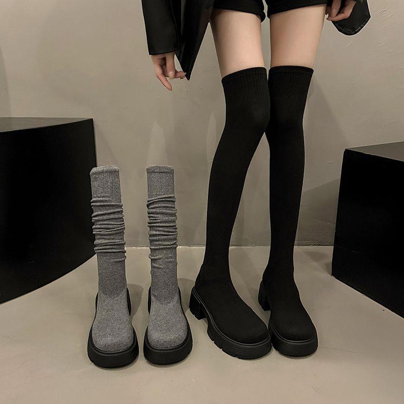 灰色长筒靴女高筒靴子袜靴新款鞋弹力靴袜子靴弹力袜过膝针织长靴