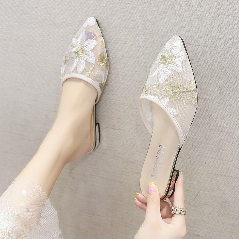 2026夏季新款平底包头半拖鞋女时尚外穿尖头平跟网纱凉拖鞋仙女鞋