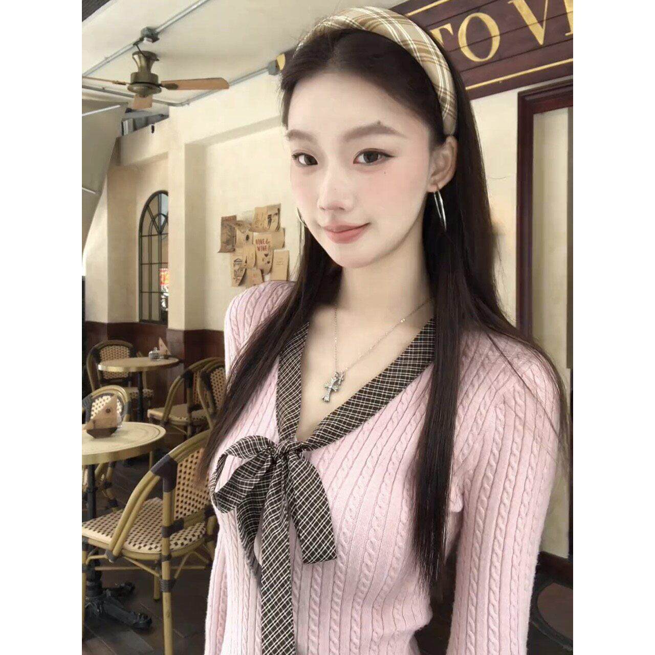高奢粉色条纹格纹绑带长袖针织衫女春秋季修身弹力超好看打底上衣