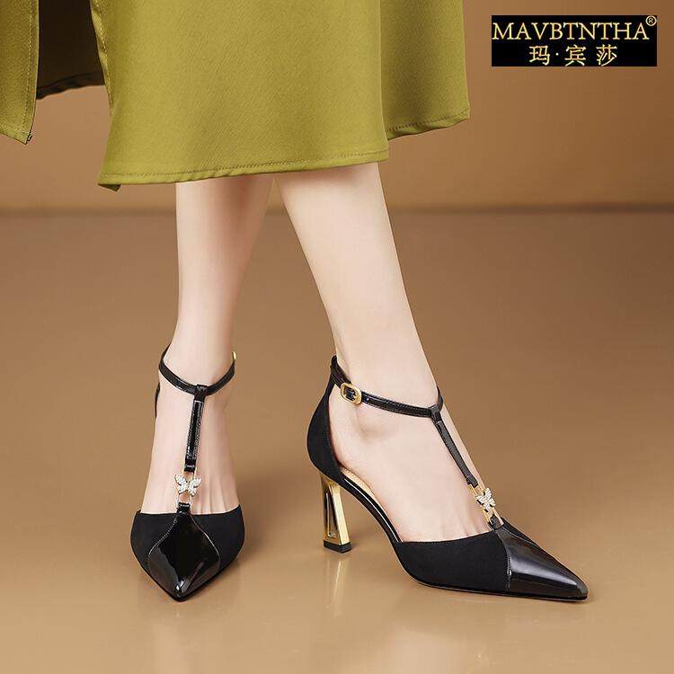 玛宾莎2025新款真皮中空尖头性感高跟鞋细跟法式气质丁字带凉鞋女,女鞋,浅口单鞋,淘宝优惠券,粉丝福利购,淘宝优惠卷