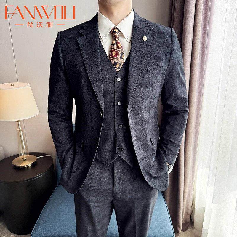 梵沃利格子西服男英伦风商务通勤大码西装套装新郎结婚礼服