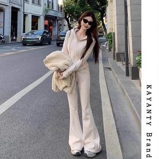 KAYANTY杏色运动休闲套装女春秋修身显瘦减龄加绒加厚卫衣两件套