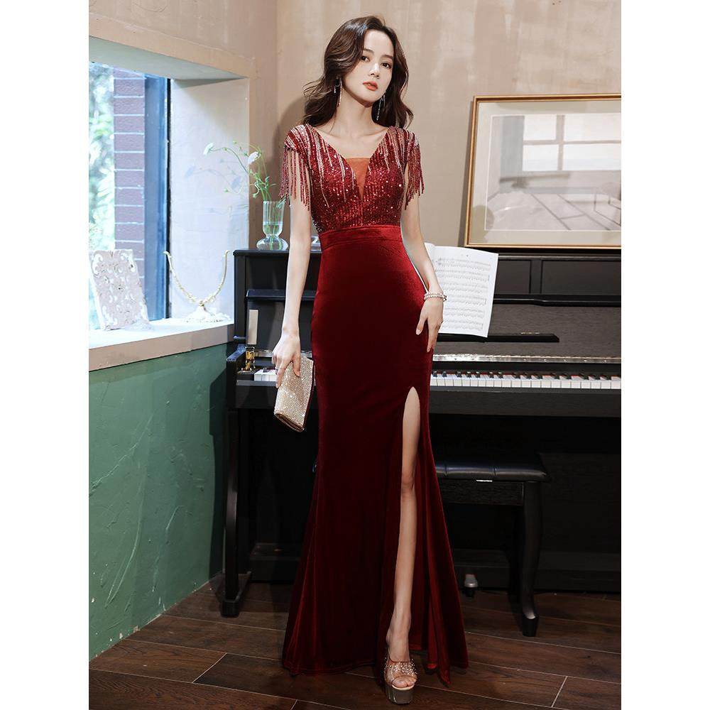 法国Lemond tajoes红色晚礼服女高端重工流苏高级感宴会气质鱼尾