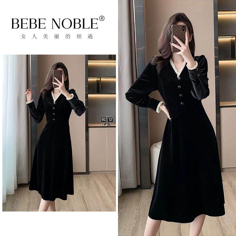 BEBE NOBLE韩版气质长袖连衣裙女秋冬丝绒V领黑色小礼服打底长裙