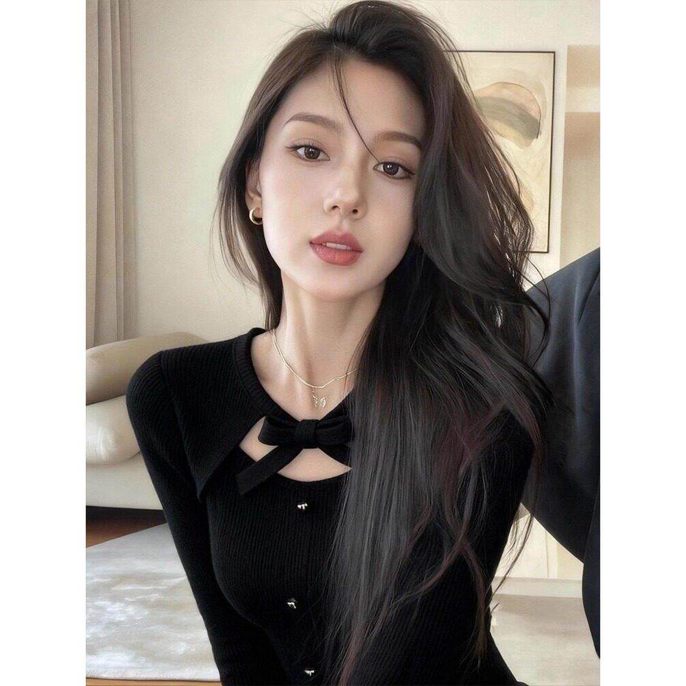 高奢法式黑色镂空蝴蝶结长袖针织衫女春秋设计感修身显瘦打底上衣