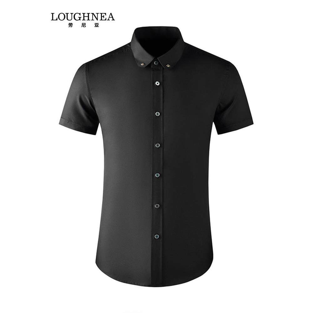 LOUGHNEA高级感纯色短袖衬衫男角领合金小蜜蜂装饰修身上班族衬衣
