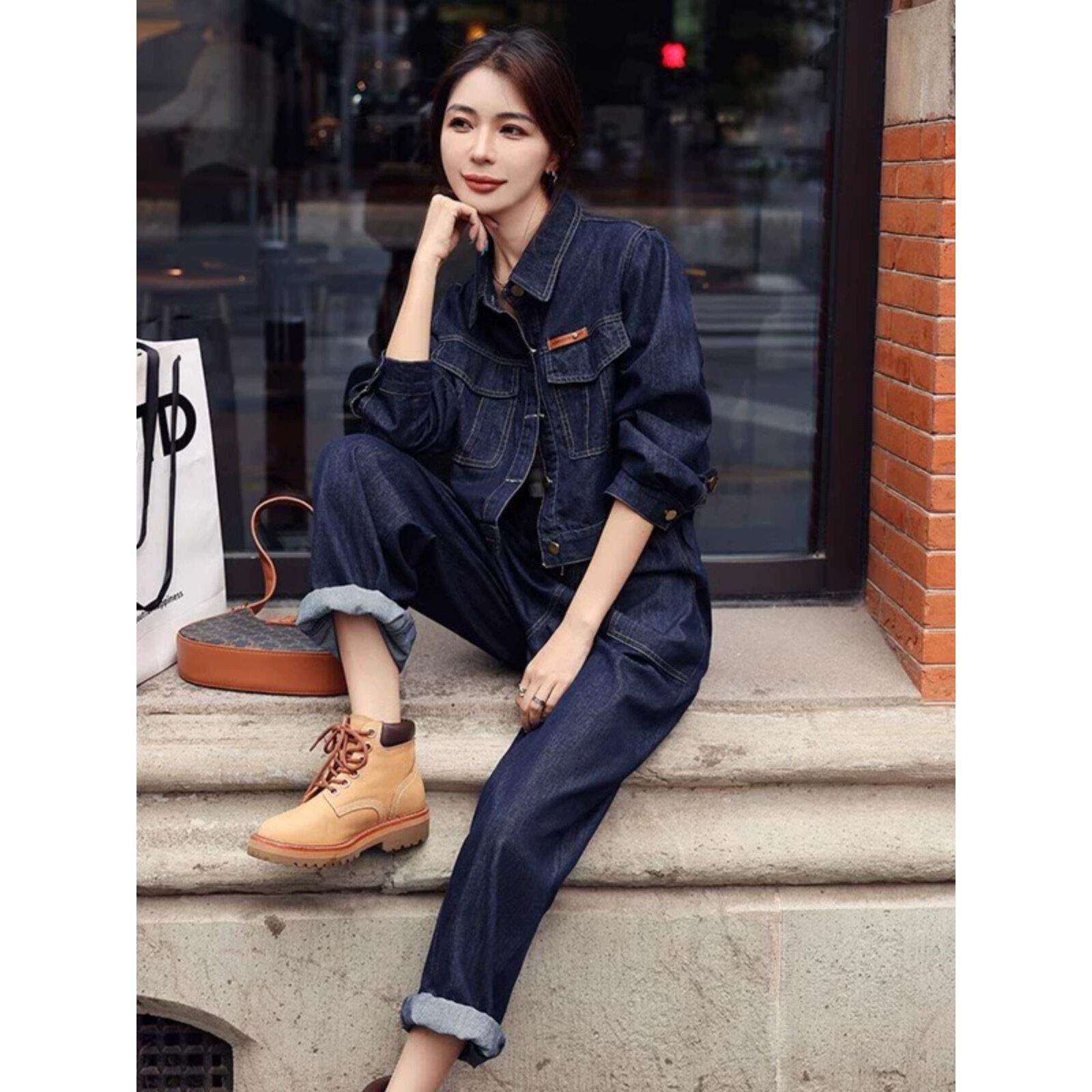 SPYB港风工装风时尚牛仔阔腿裤套装女春秋款休闲高级感炸街两件套