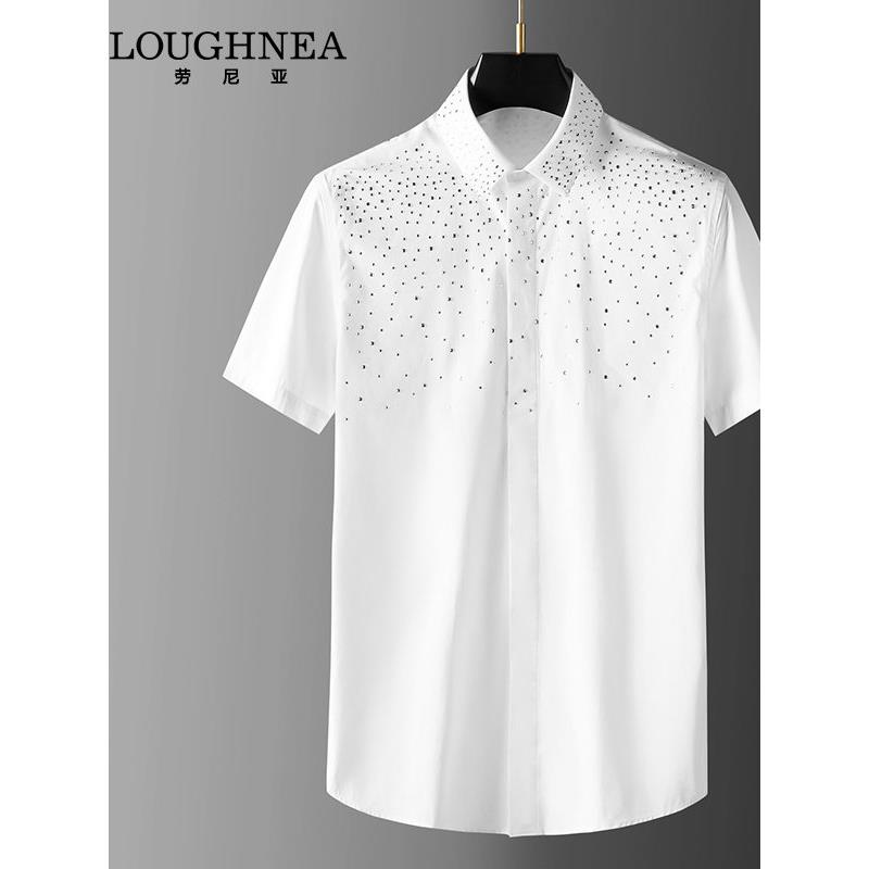 LOUGHNEA高档潮牌修身黑色衬衣男短袖夏季高级感水钻烫印半袖衬衣