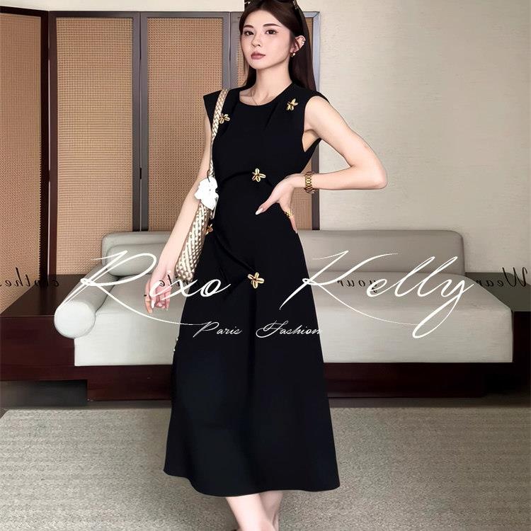 RIXO STREET重工手缝黑金镀金贝壳连衣裙女法式圆领露腰显瘦长裙