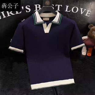 Polo衫 痞帅休闲上衣 男士 高端潮牌针织V领t恤拼色轻熟复古通勤短袖