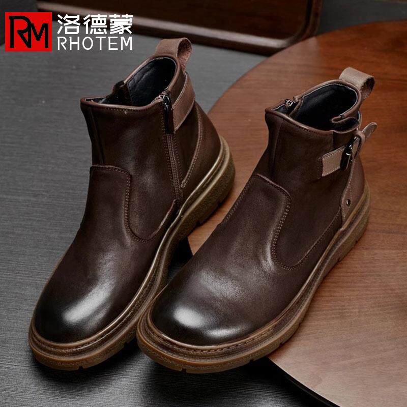 洛德蒙冬冬男靴厚底真皮切尔西靴高帮皮靴潮流复古马丁靴休闲靴子