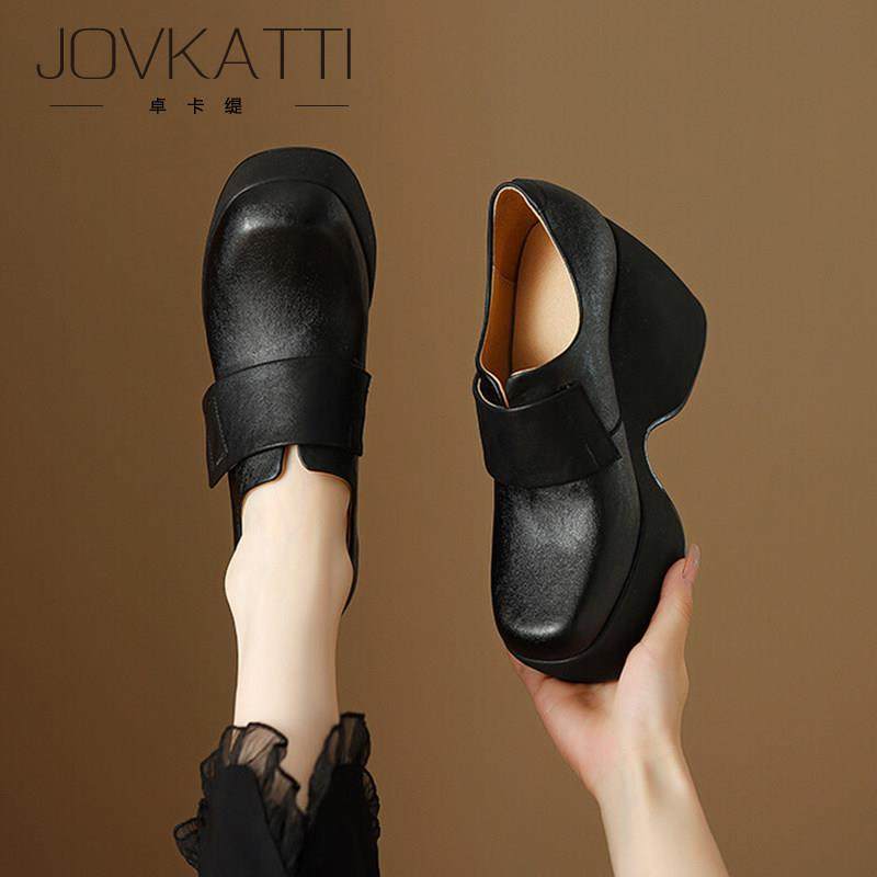 JOVKATTI复古牛皮鞋女深口百搭英伦小皮鞋10cm防水台厚底高跟单鞋,女鞋,深口单鞋,淘宝优惠券,粉丝福利购,淘宝优惠卷