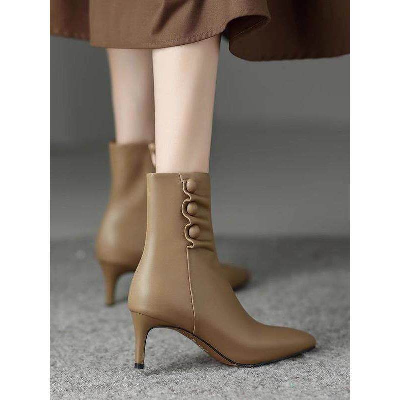 玛宾莎靴子尖头细跟新款法式覆古细高跟真皮软皮踝靴皮鞋短靴女士