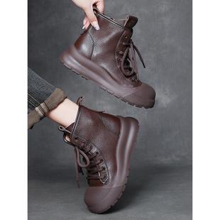 丹麦【设计师】新款百搭休闲短靴系带圆头高筒鞋层牛皮覆古马丁靴