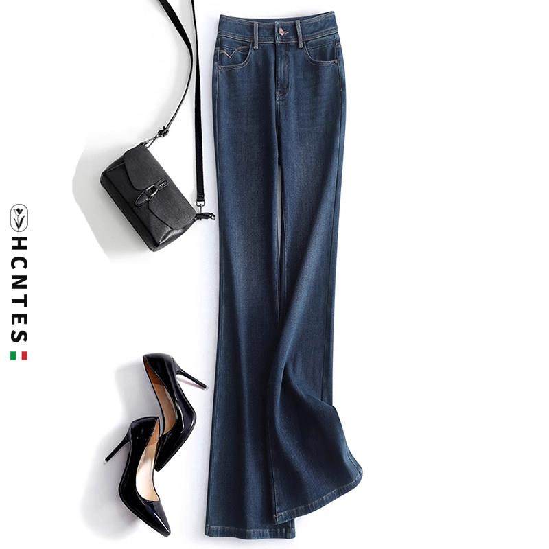 HCNTES加绒牛仔裤女2024冬新款洋气微喇叭高腰垂感显瘦加厚阔腿裤