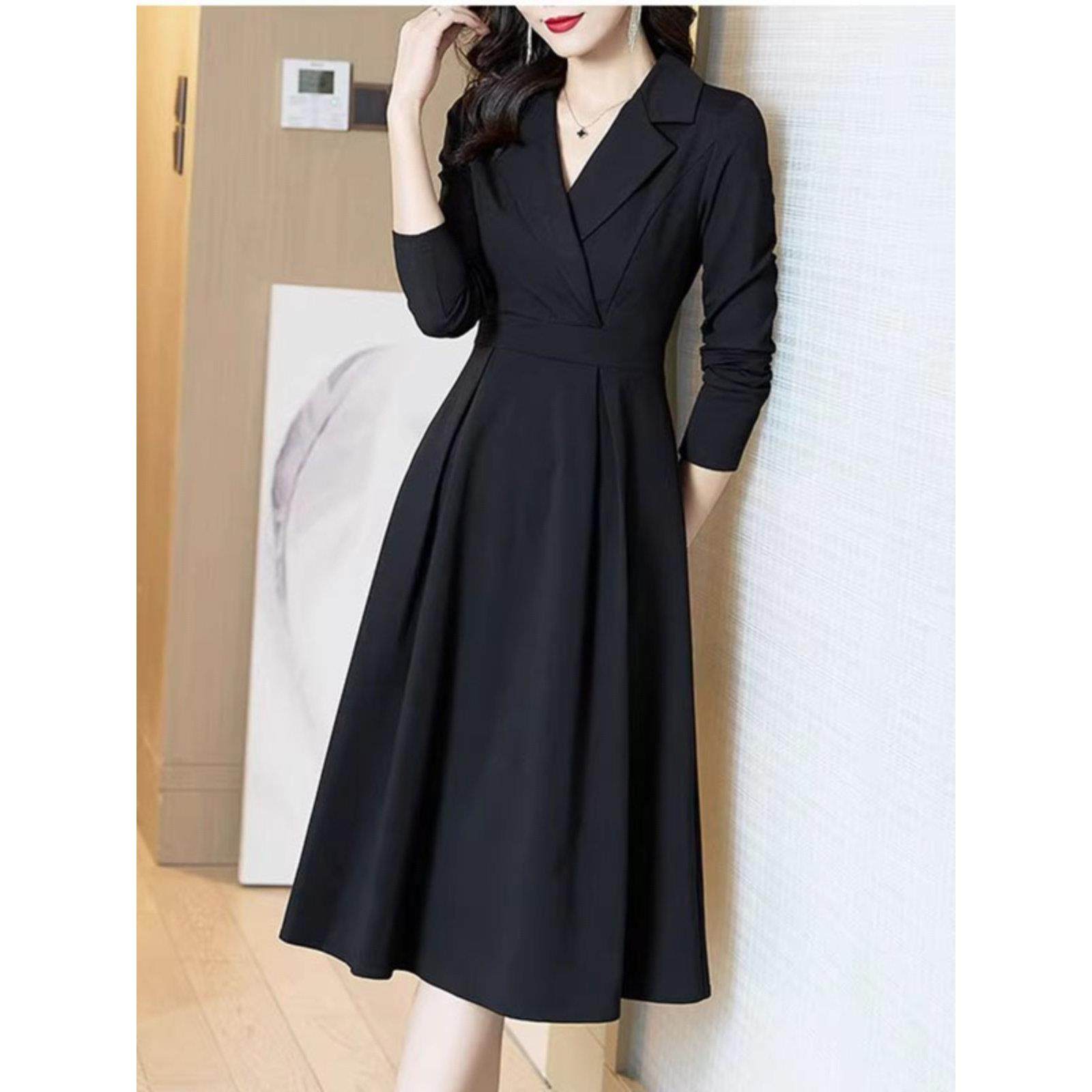 蓓罗拉黑色2025春季新款连衣裙女中长款高级感小个子长袖收腰修身