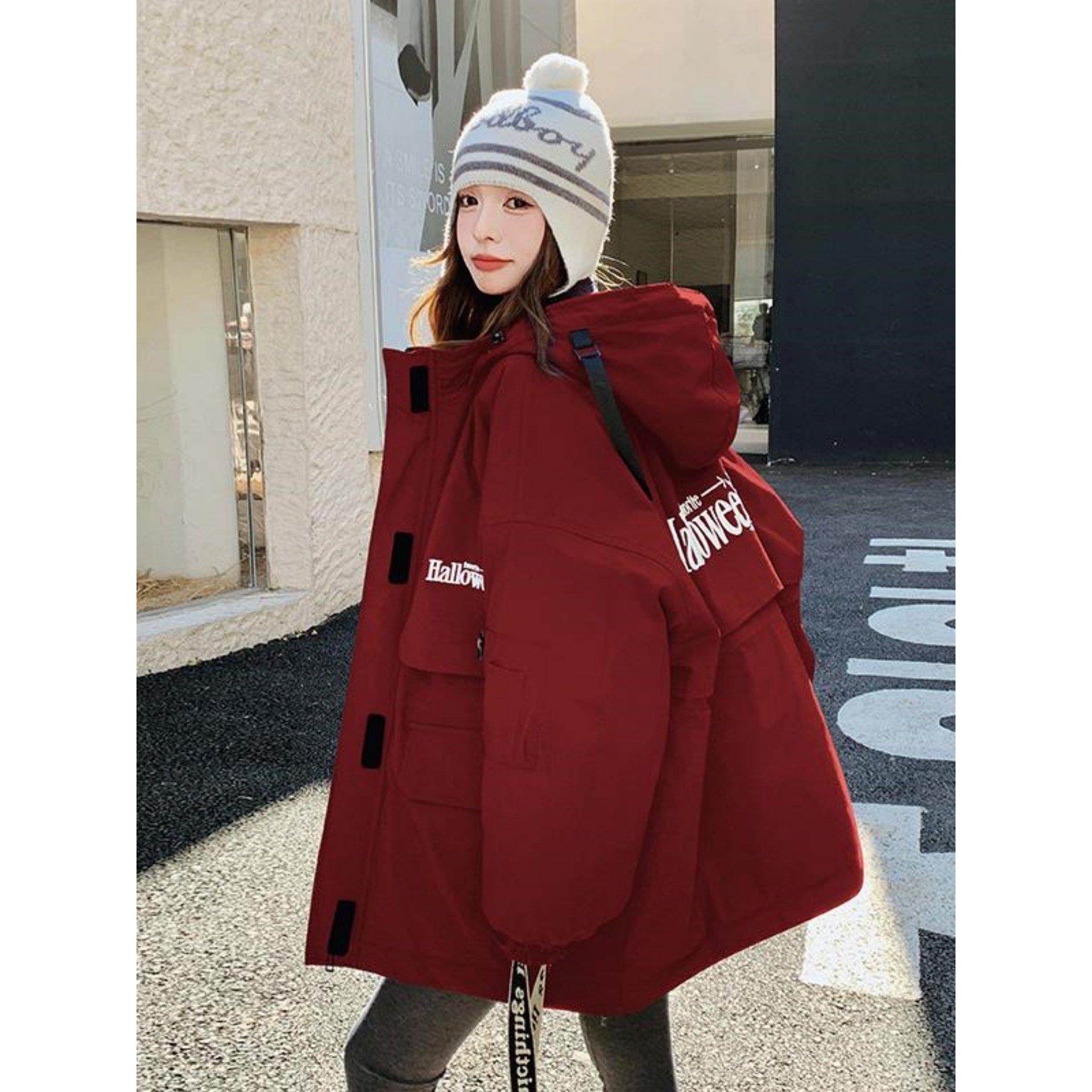 Baulmain Paul红色工装羽绒服女冬高级感设计感加厚派克羽绒外套