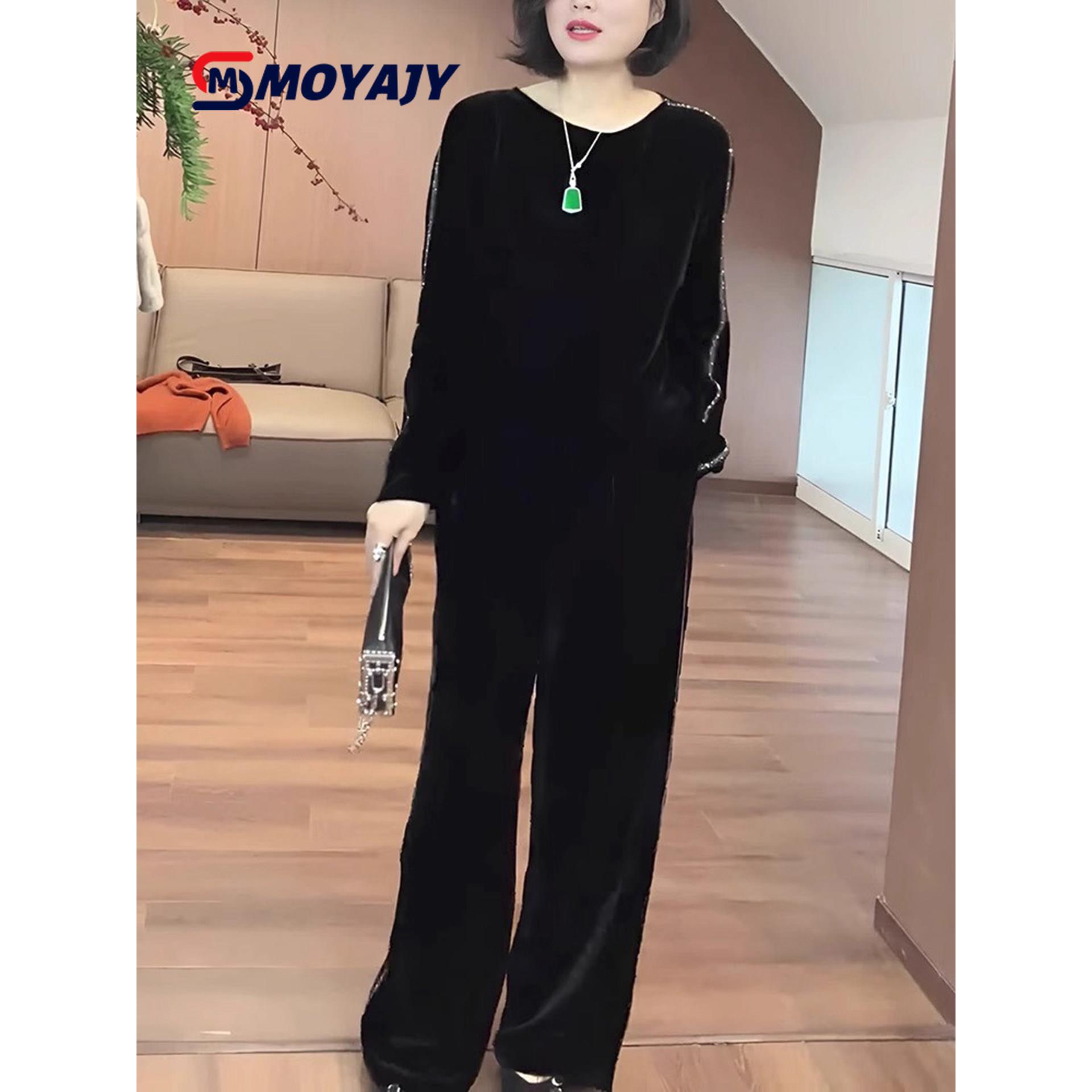 MOYAJY品牌休闲套装女春秋新款黑色金丝绒亮片宽松显瘦上衣阔腿裤
