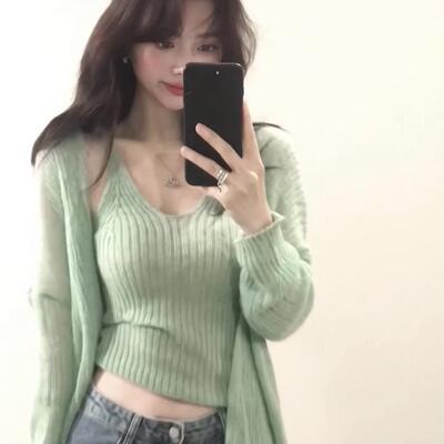 GROVE FOREVER 韩系绿色两件套开衫吊带背心女秋季新款防晒衫上衣