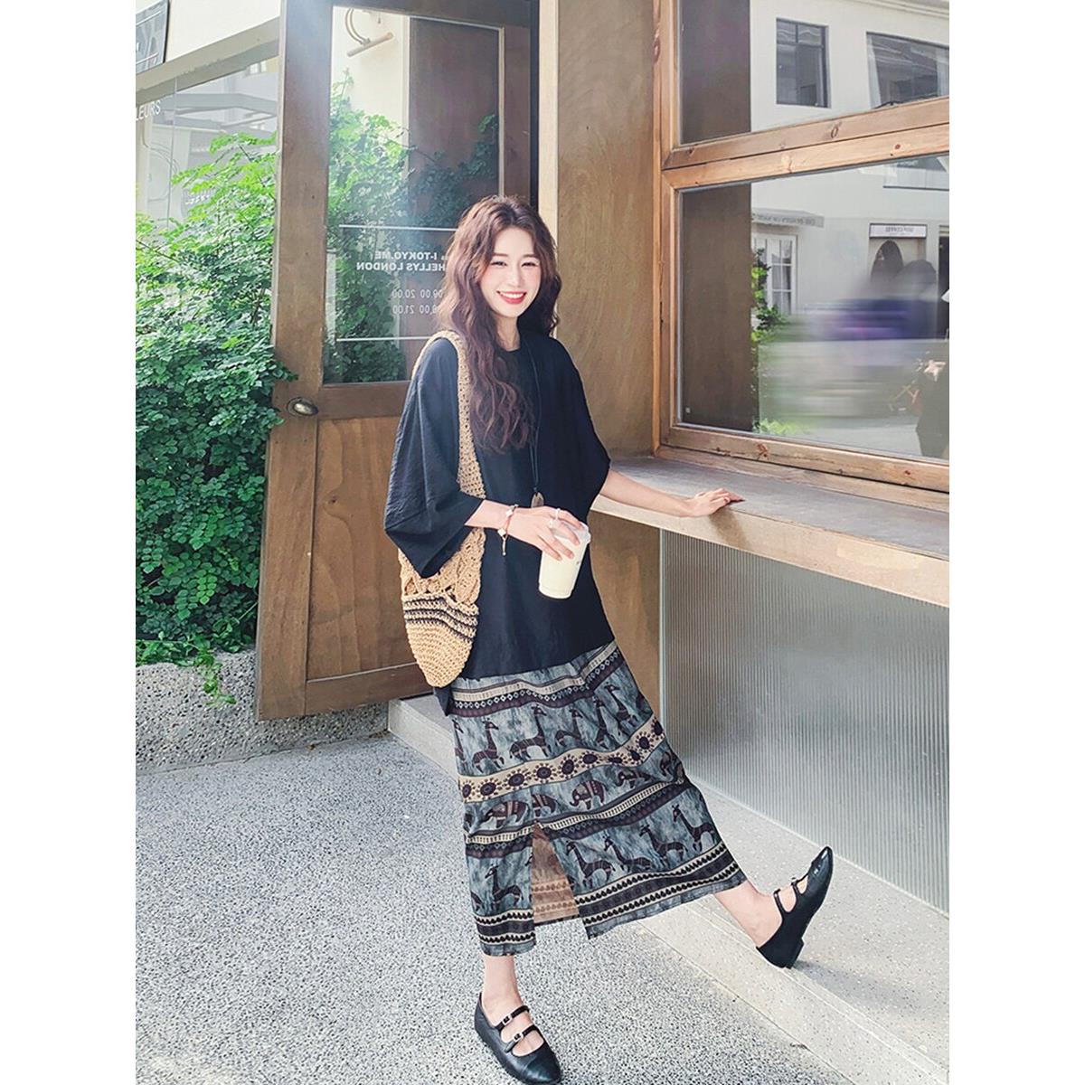 LILY MOST夏季新款气质短袖t恤套装女独特绝美印花半身裙两件套潮