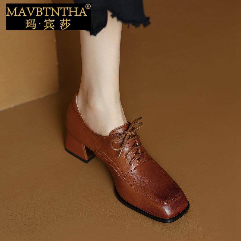玛宾莎系带方跟高跟鞋女士2025新款真皮方头棕色中跟粗跟深口单鞋,女鞋,深口单鞋,淘宝优惠券,粉丝福利购,淘宝优惠卷