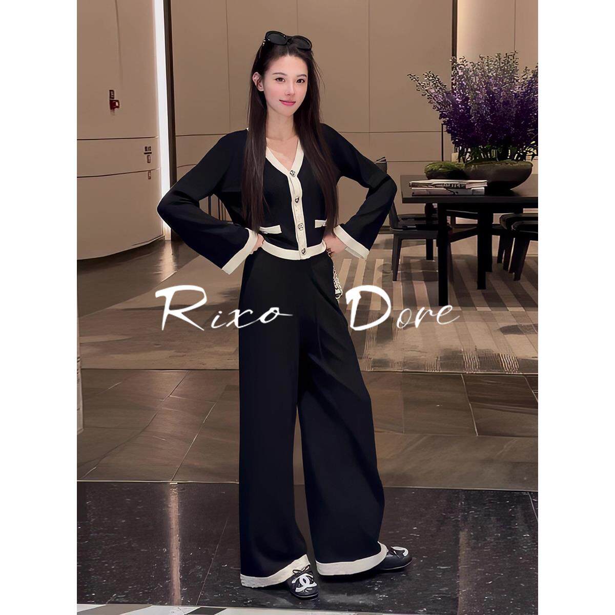 RIXO DORE法式秋季高级感小香风拼色针织开衫高腰阔腿直筒裤套装