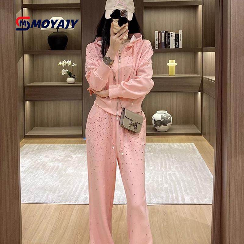 MOYAJY品牌休闲运动套装女冬加绒粉色高级感减龄卫衣阔腿裤两件套