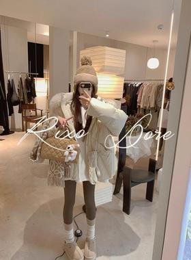 RIXO DORE法式优雅温柔风大毛领奶蓝色羽绒服时尚慵懒连帽外套女